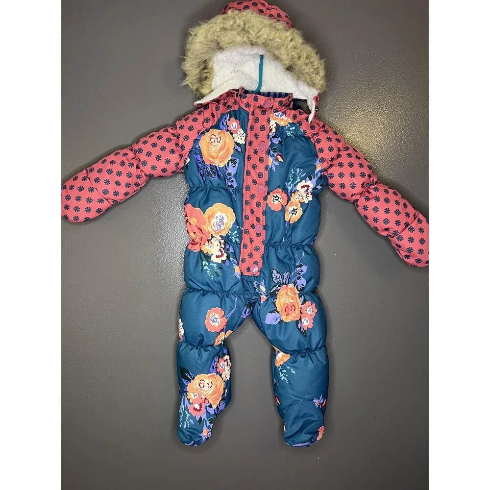 Matilda Jane Snowsuit Girls 3-6 Months Multicolor Floral Puffer Hooded Fur Trim